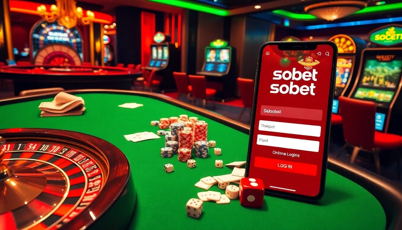 Experience sbobet login excitement at a luxurious casino table featuring roulette, poker chips, and dynamic slots.