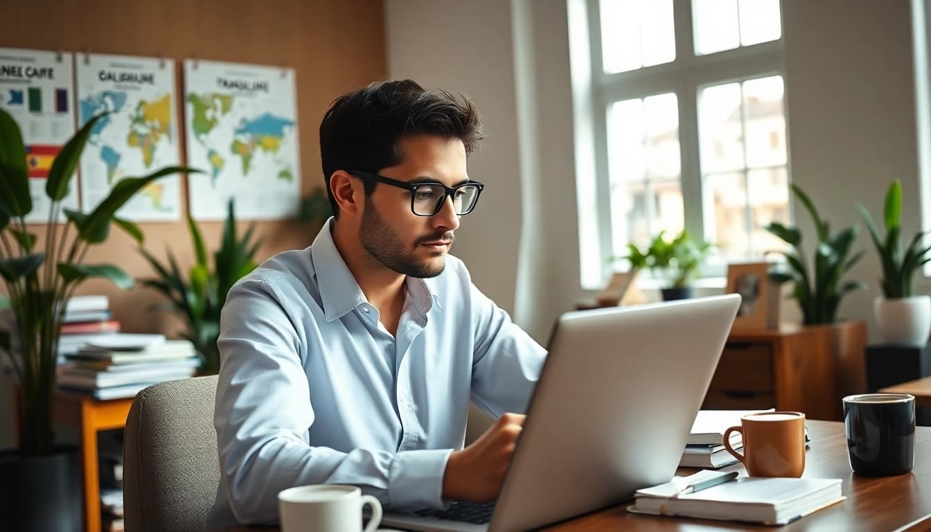 Traducteur assermenté à Lille travaillant dans un bureau professionnel, traduisant des documents.