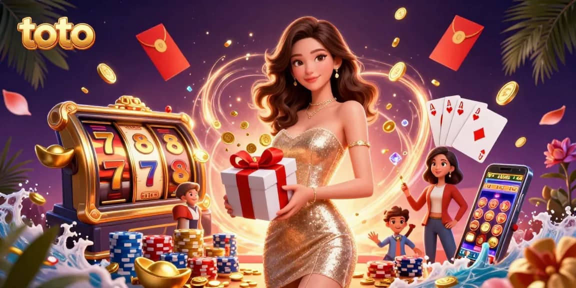 Engage with the vibrant world of toto as golden coins and jackpots flow from a festive illustration featuring a welcoming Asian woman.