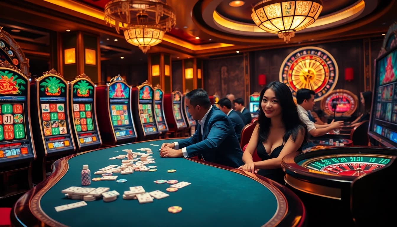 Experience an exhilarating slot demo Mahjong game in a luxury casino setting with vibrant slot machines and eager players.