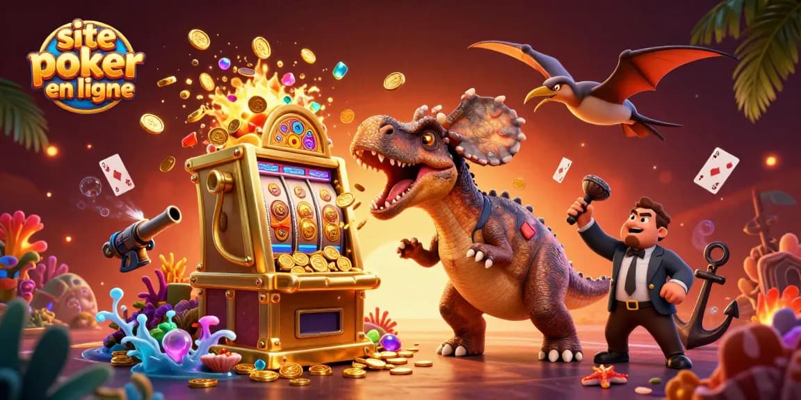 Plongez dans le monde du site poker en ligne avec une illustration dynamique de créatures de casino en action.