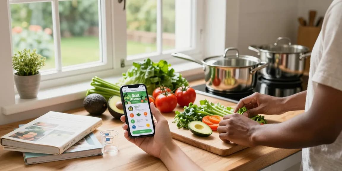 Healthy meal prep in a bright kitchen showcasing the best nutrition app for easy tracking.
