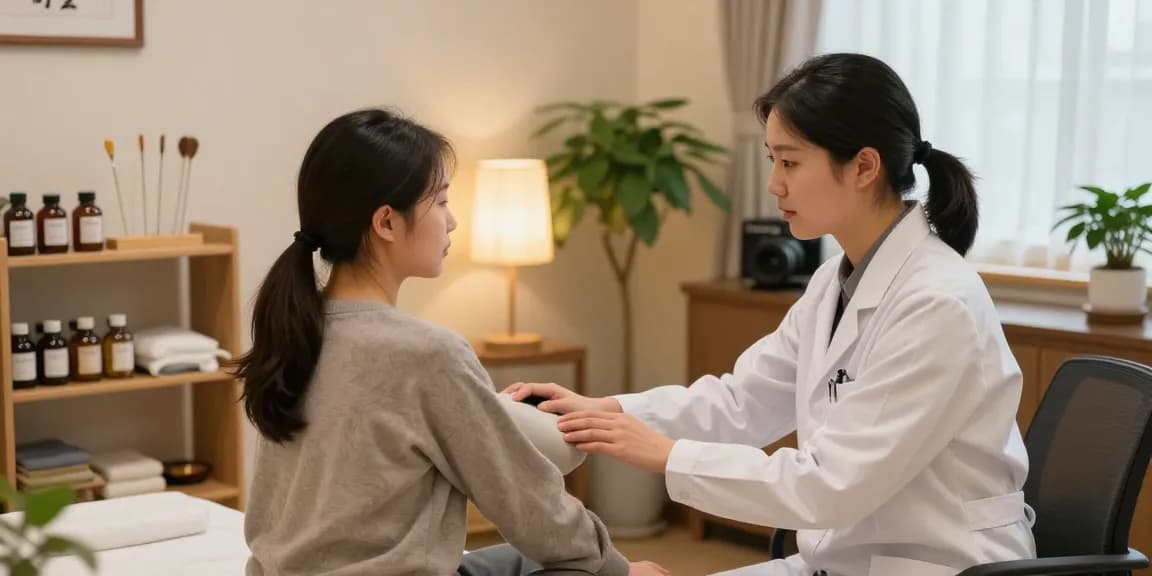 Compassionate practitioner at 수원한의원 assessing patient in calming treatment room.