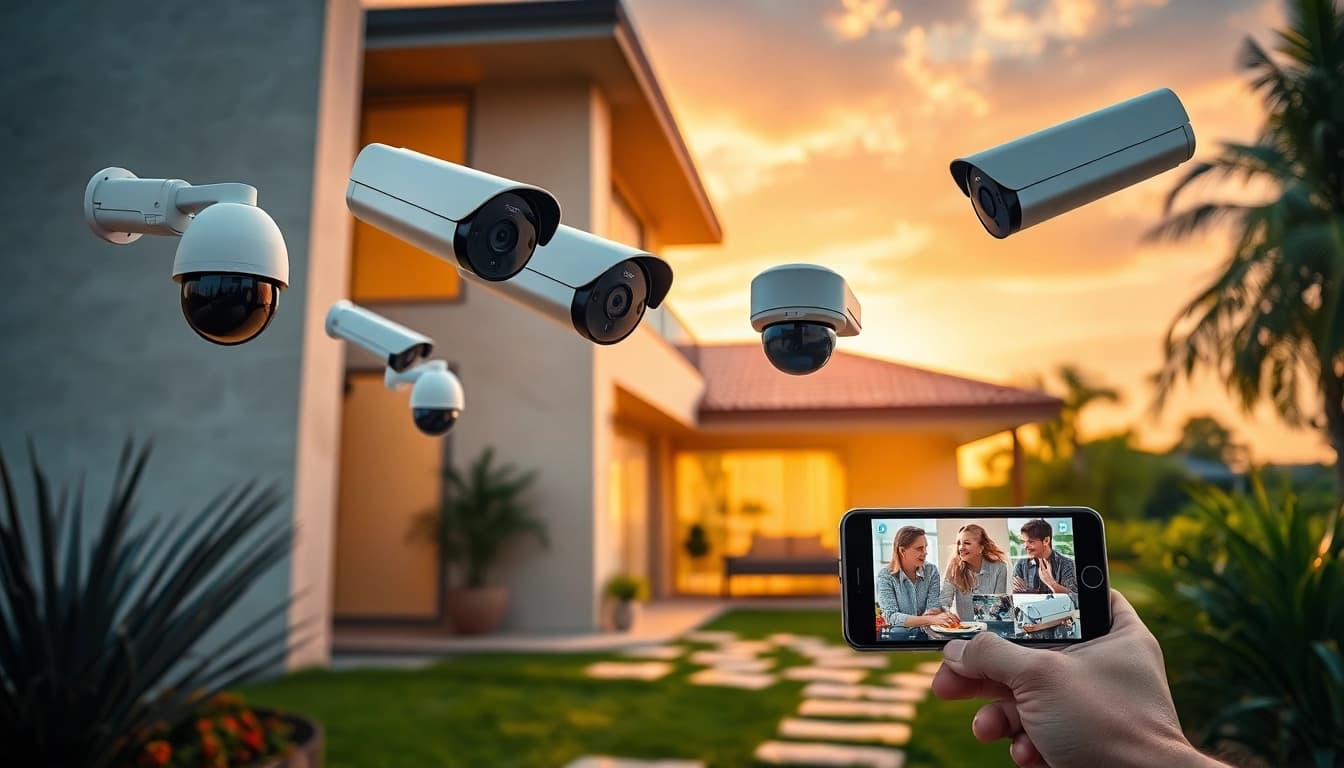 Cámaras de seguridad en Liberia mostradas en un entorno doméstico moderno con iluminación natural y un atardecer sereno.