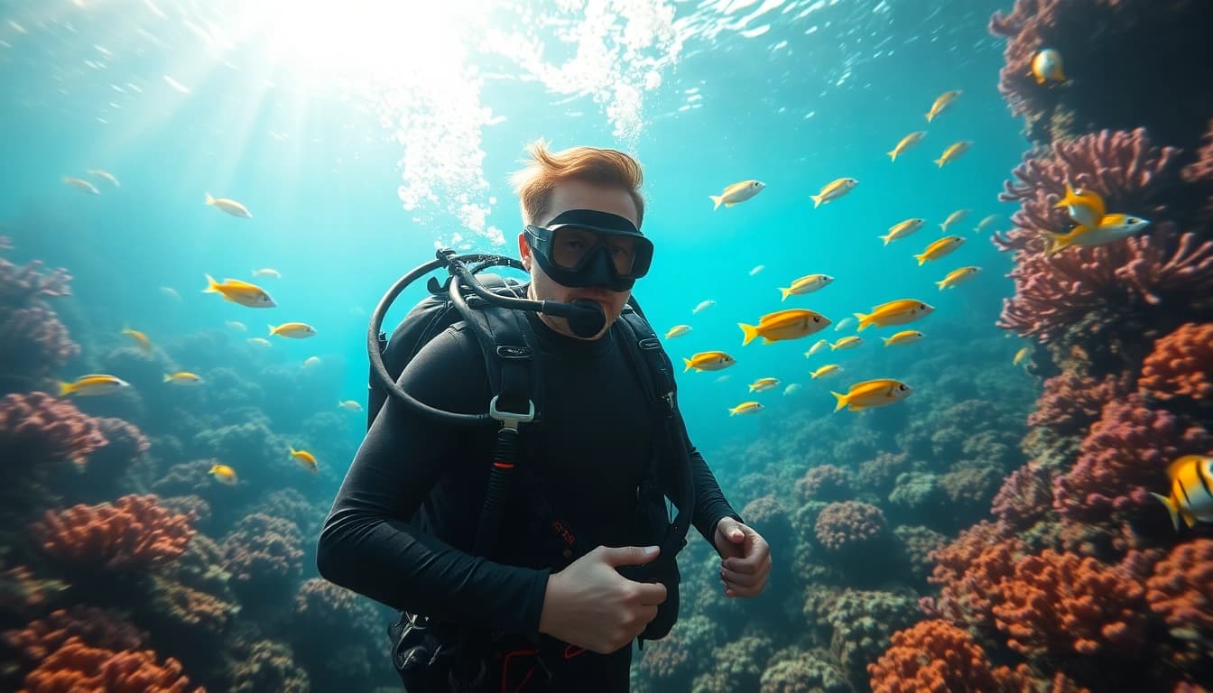SSI Open Water Diver Kurs: Taucher in atemberaubender Unterwasserlandschaft mit Korallen und Fischen.