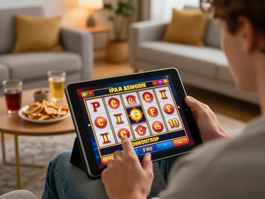 Player spins the reels in a link gacor slot game on a tablet in a cozy living room.