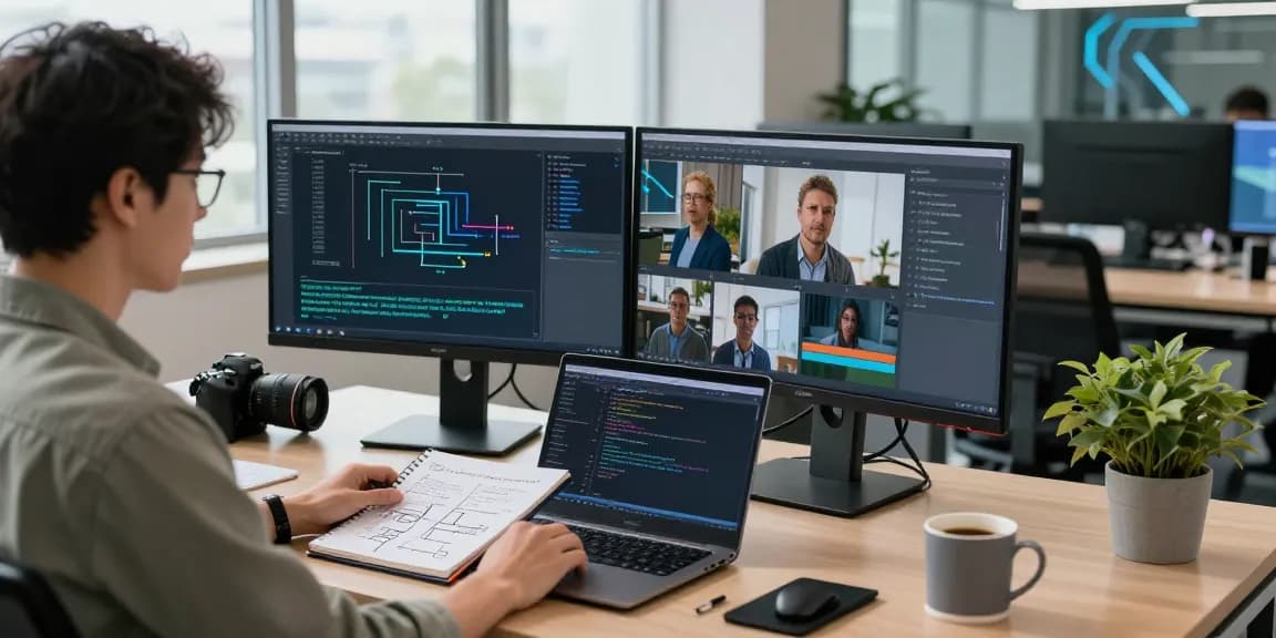 AI detector technology workspace where a data scientist analyzes image moderation results with dual monitors and a laptop.