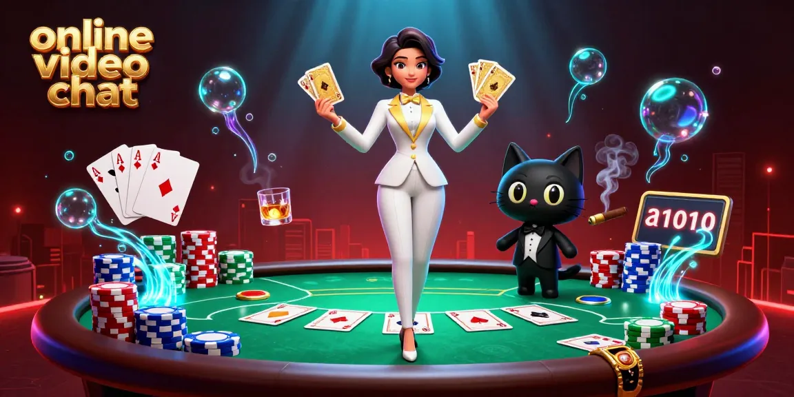 Engage in online video chat with vibrant visuals featuring a glamorous woman and playful cat, amidst a casino scene.