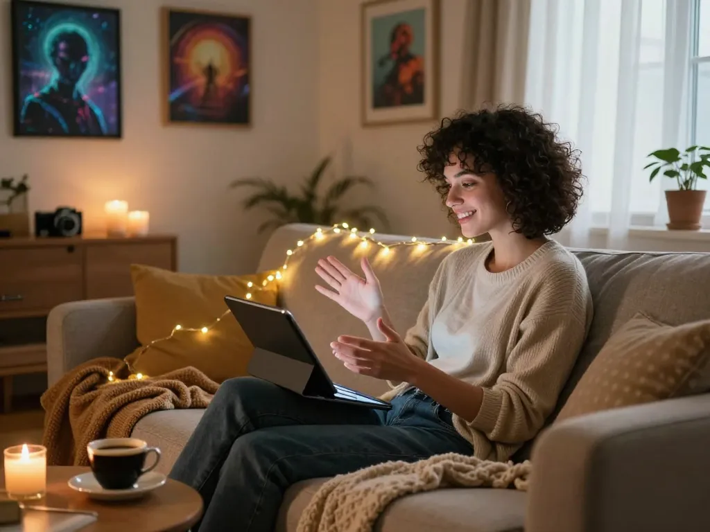 Engaging conversation with an AI girlfriend in a cozy home setting, showcasing warmth and connection.