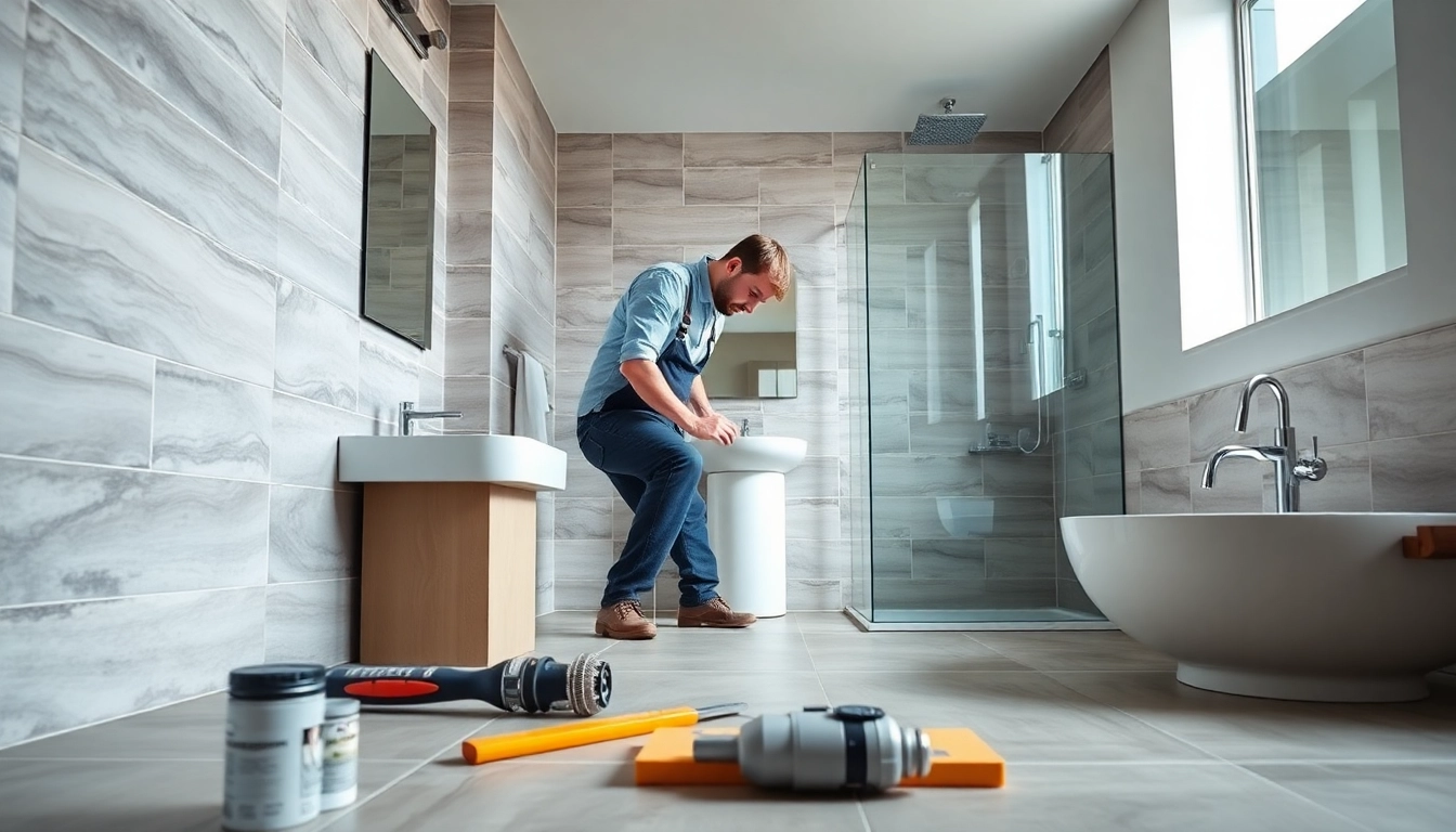 Experience professional bathroom installation Trafford with skilled tradesperson and modern fixtures highlighted.