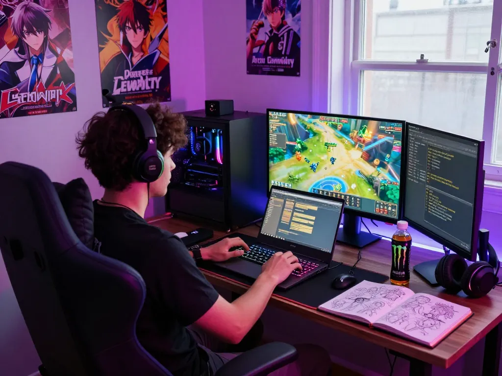 Engaged gamer playing Degrees of Lewdity in a colorful, inviting room setup