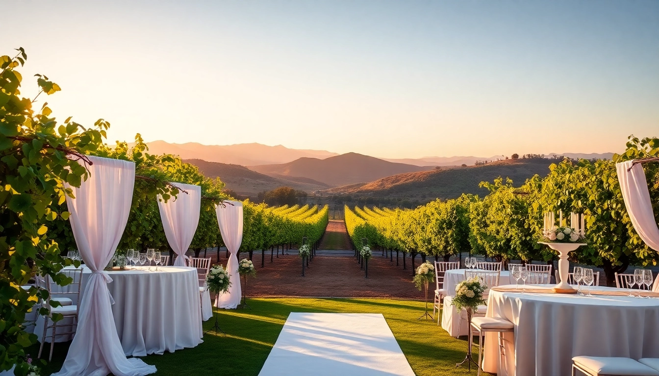 Stunning wedding venue California with a picturesque vineyard and romantic sunset lighting.