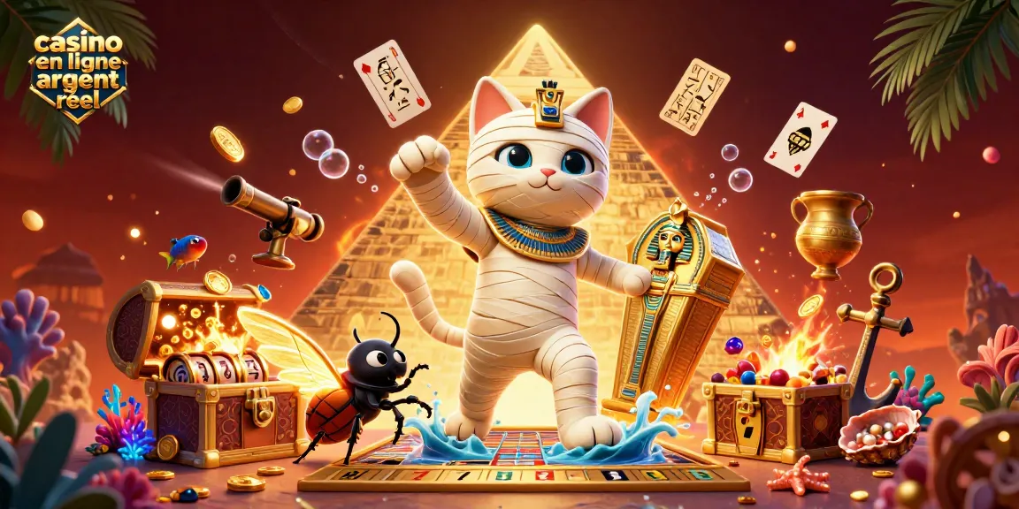 Le casino en ligne argent réel prend vie alors qu'un chat momie égyptien émerge d'un sarcophage, entouré de joyaux et de cartes flottantes.