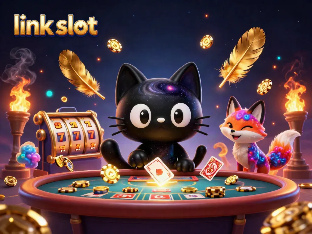 Permainan slot gacor yang menampilkan link slot dengan kucing hitam berbintang dan rubah nebula di meja kasino