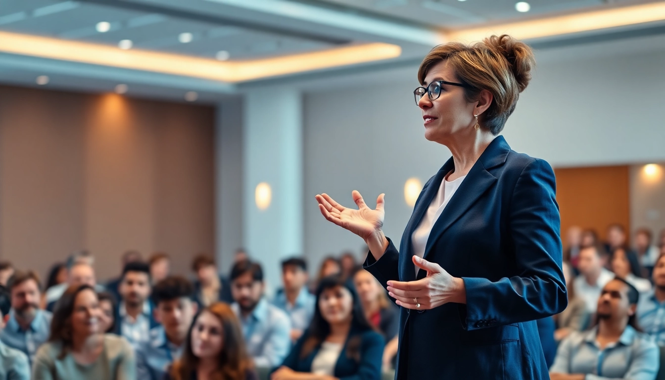 Keynote Speaker passionately engaging an audience in a modern conference setting.