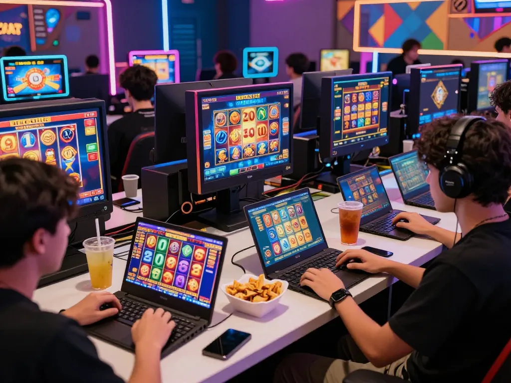 Pemain menikmati permainan situs slot di laptop dan ponsel di pusat permainan yang ramai.