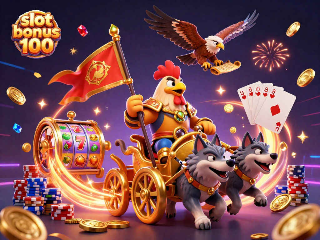Win big with slot bonus 100 in an energetic 3D casino scene filled with vibrant game elements.