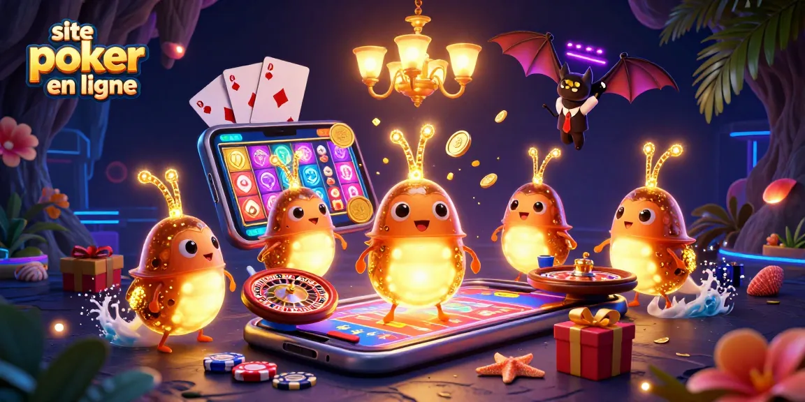 Jouez sur le site poker en ligne avec une scène vibrante mettant en avant des vers luisants illuminant un casino avec des éléments de jeux variés.