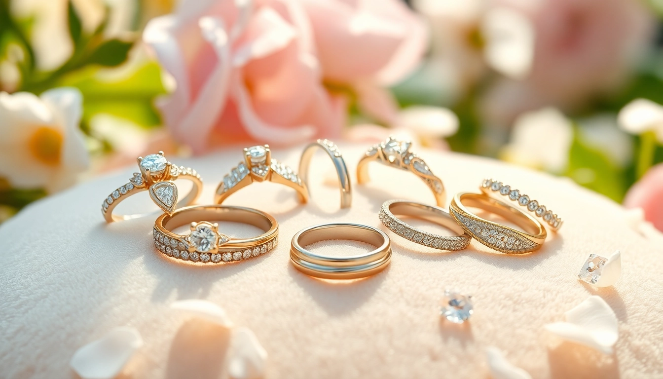 Showcase stunning wedding rings in elegant designs on a soft velvet backdrop, capturing their timeless beauty.