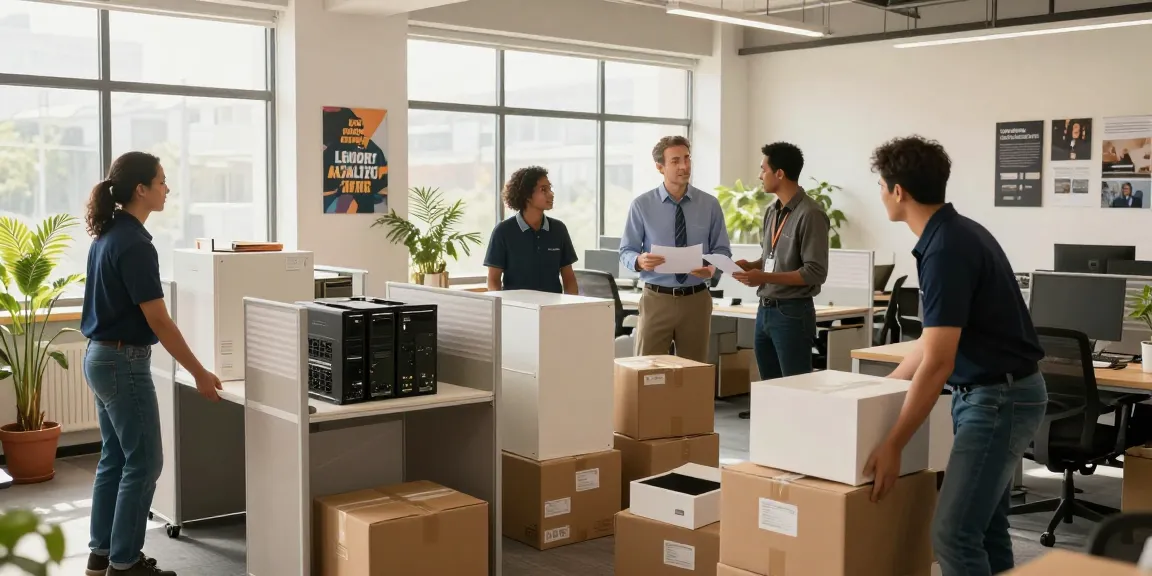 Professional movers packing equipment for local commercial moving companies in a bright office setting.