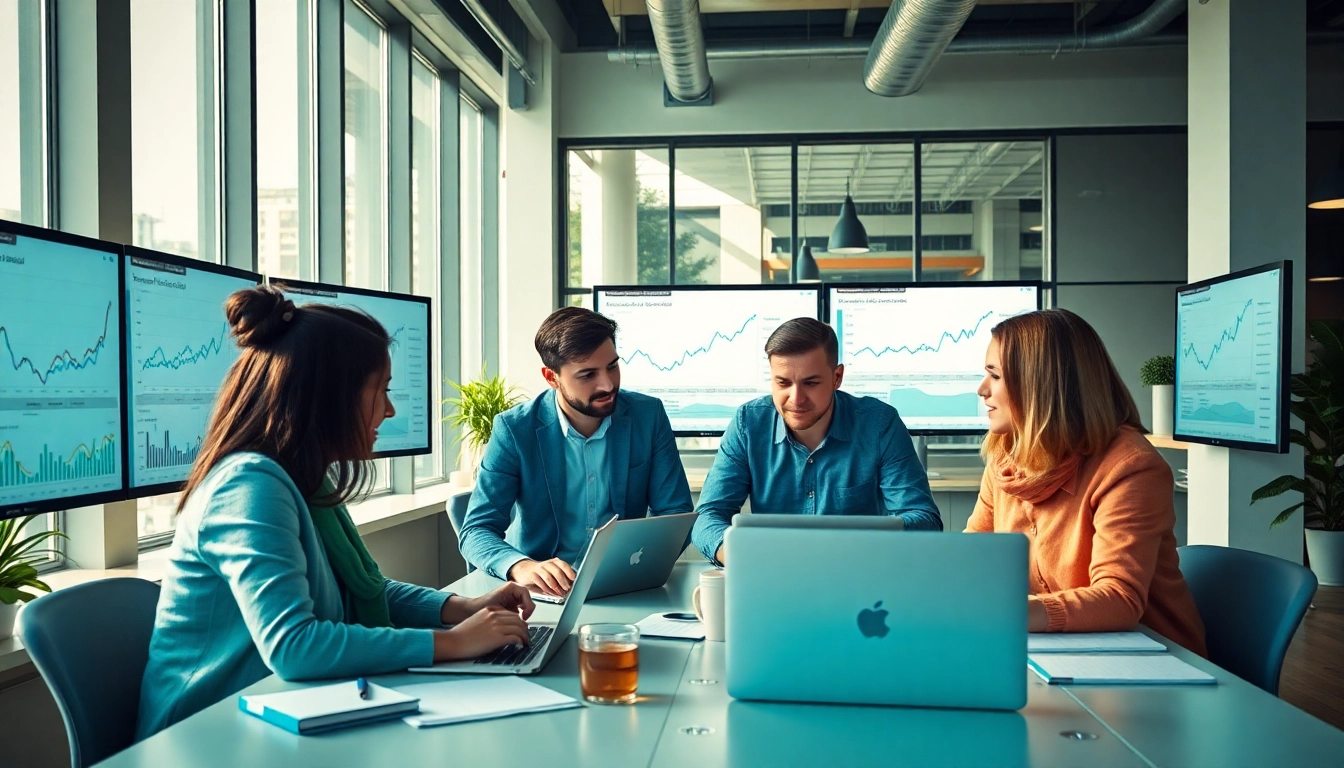 Team discussing agencia hubspot strategies in a modern office, showcasing collaboration.