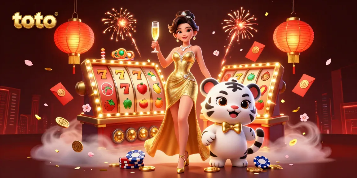 Experience thrilling toto slots with a glamorous woman and a lucky tiger cub surrounded by vibrant casino elements.