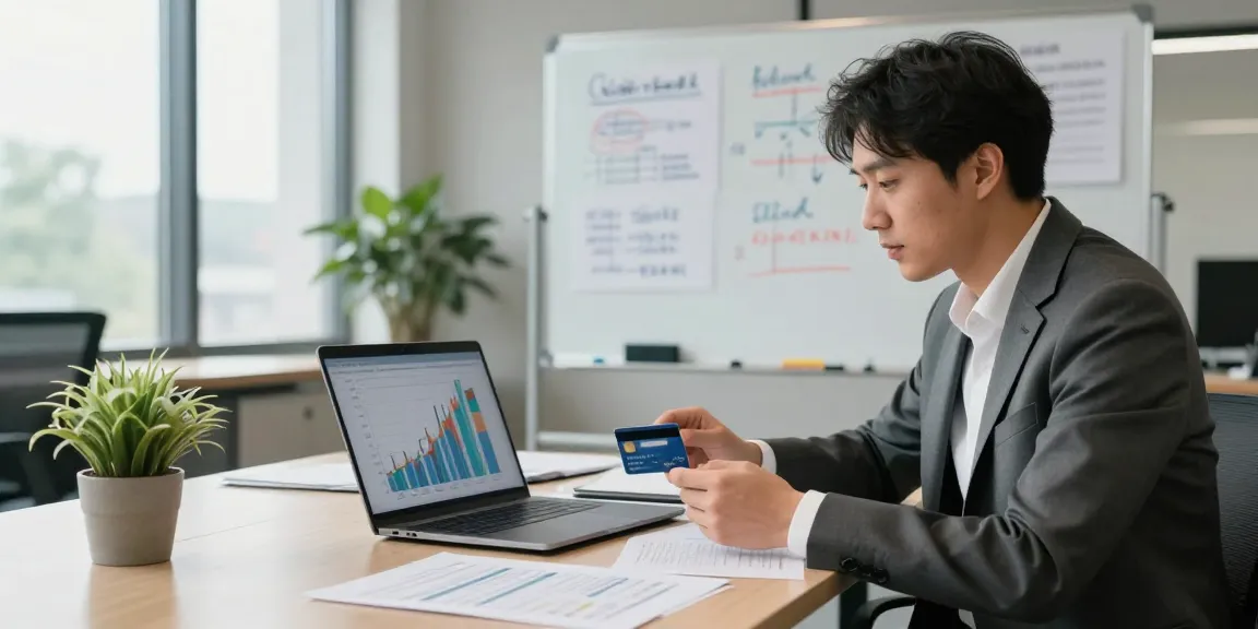 Financial advisor discussing 신용카드현금화 strategies with charts and laptops in modern office.