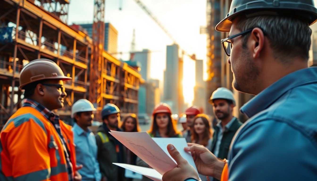 New York Construction Manager leading a diverse team on a lively construction site.