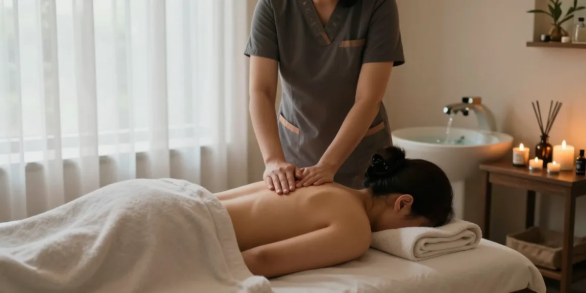 Relaxing 마사지 therapy session in a tranquil room with candles and aromatherapy.