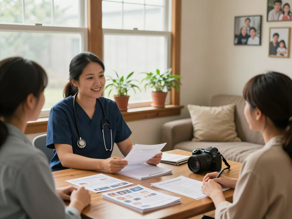 Engaging healthcare professional welcoming a bonus new member in a cozy home care office.