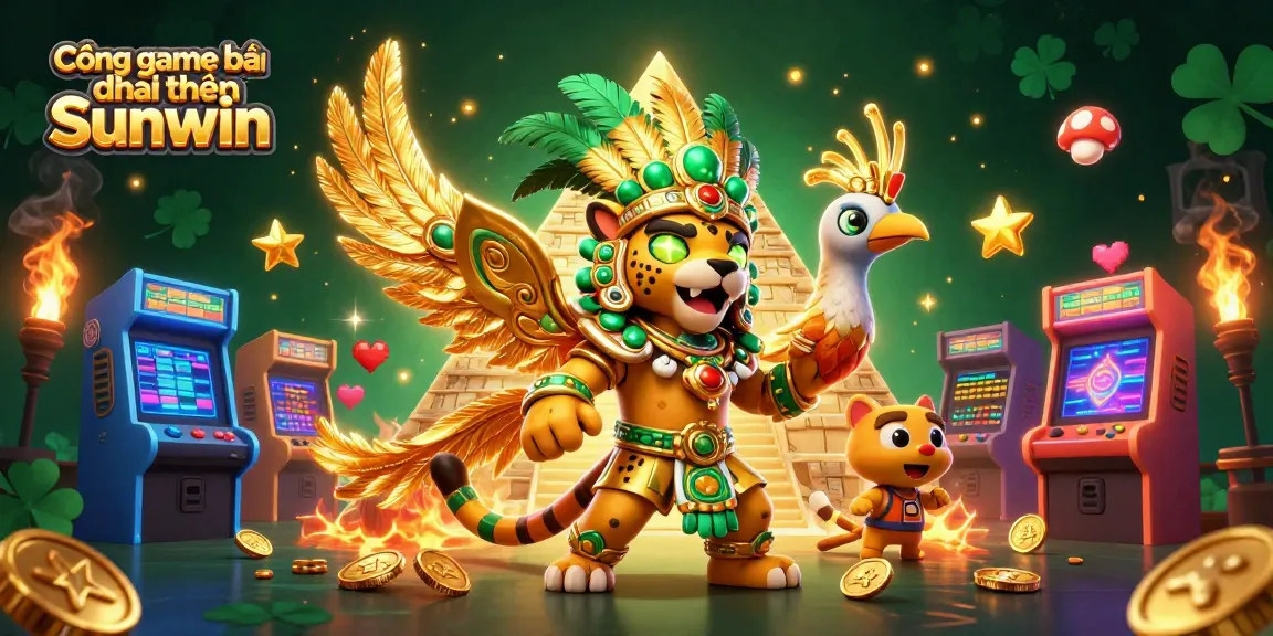 Cổng game bài đổi thưởng Sunwin showcases an engaging scene with a Mayan jaguar priest, game elements, and a mystical background.