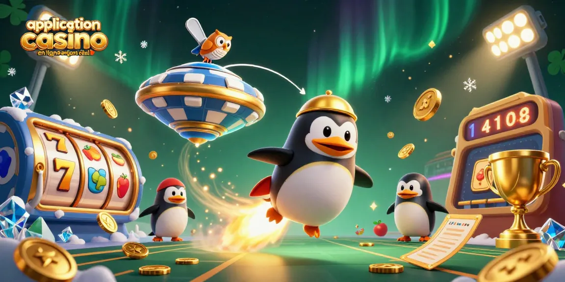 Découvrez une application casino en ligne argent réel avec un pingouin doré propulsé par une fusée et des éléments de machines à sous.