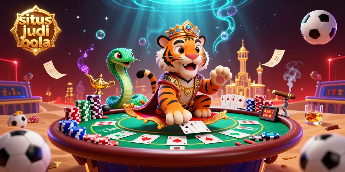 Experience exhilarating sports betting with the vibrant scene portraying situs judi bola, featuring a tiger sultan and lively elements.