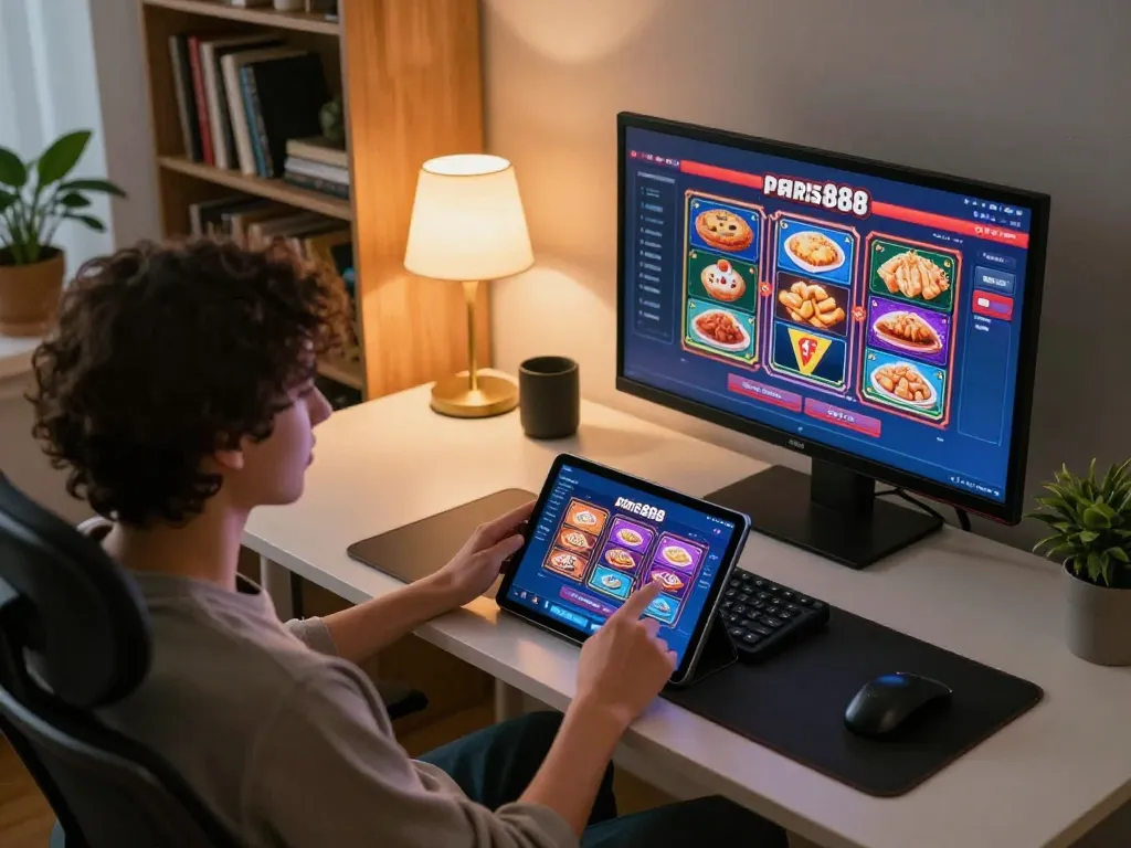 Player enjoying paris888 slots on a tablet, cozy home gaming atmosphere