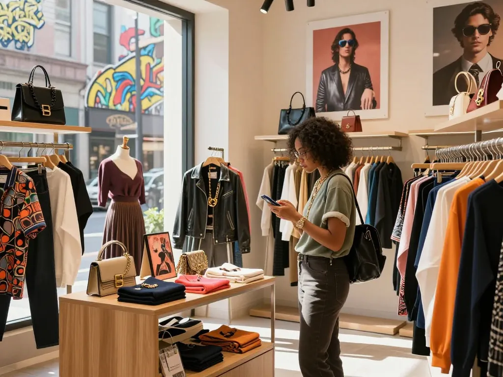 Shopping for luxury 레플리카 items in a stylish urban boutique with vibrant displays.