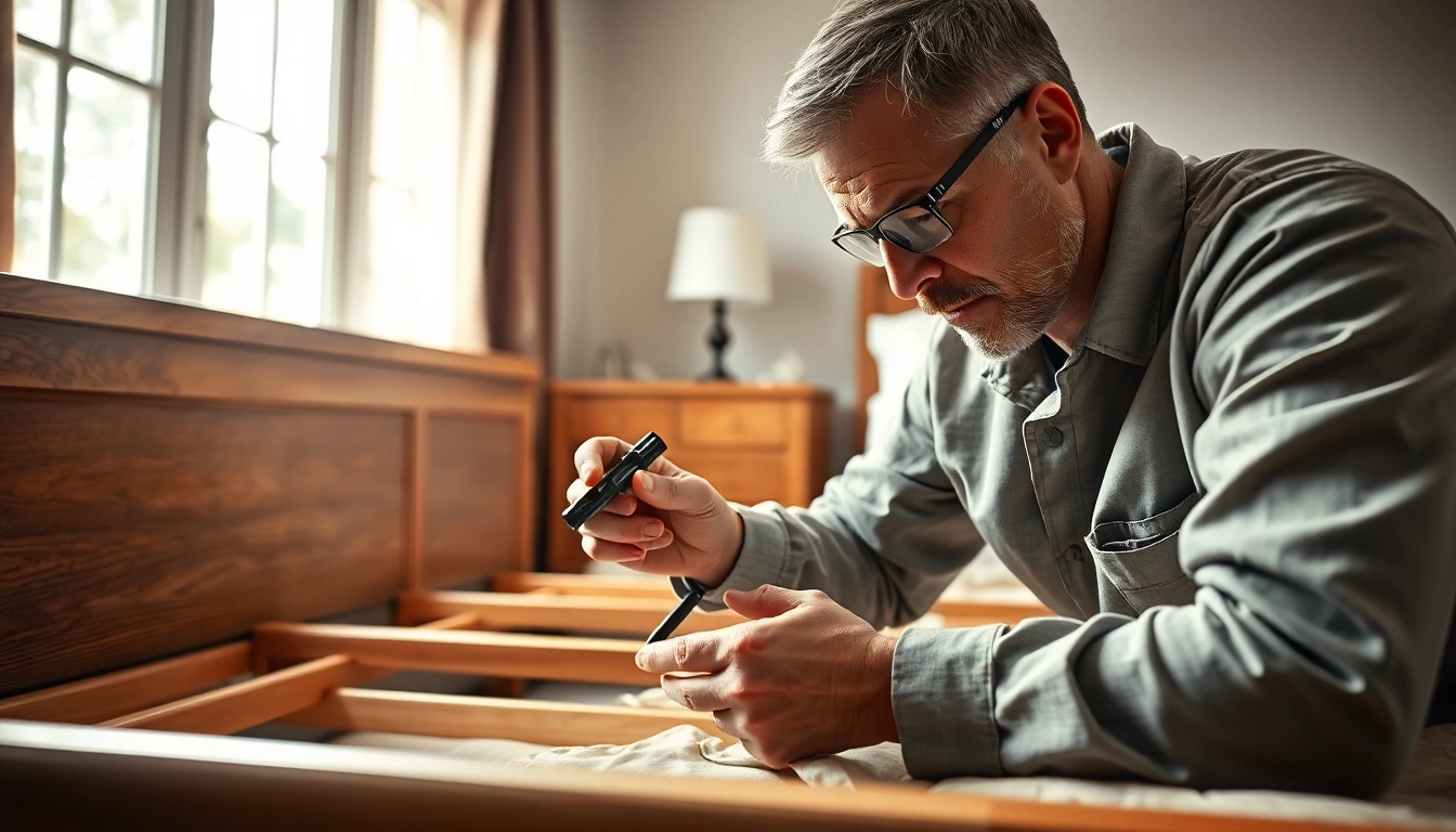 Inspecting bed bug services near me in a bright bedroom setting with a professional expert.