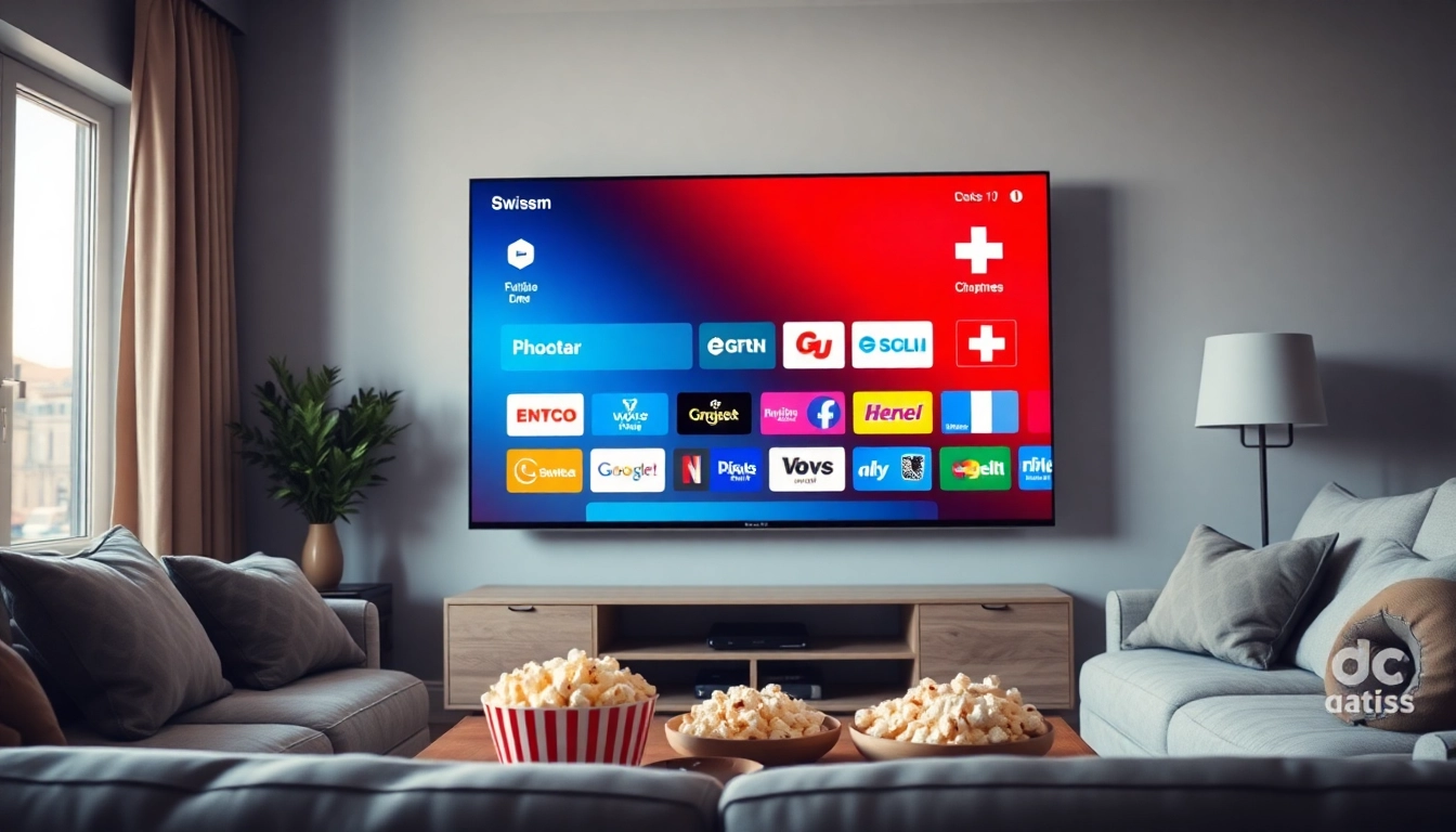 Viewing IPTV Suisse channels on a smart TV in a cozy living room setting with snacks.