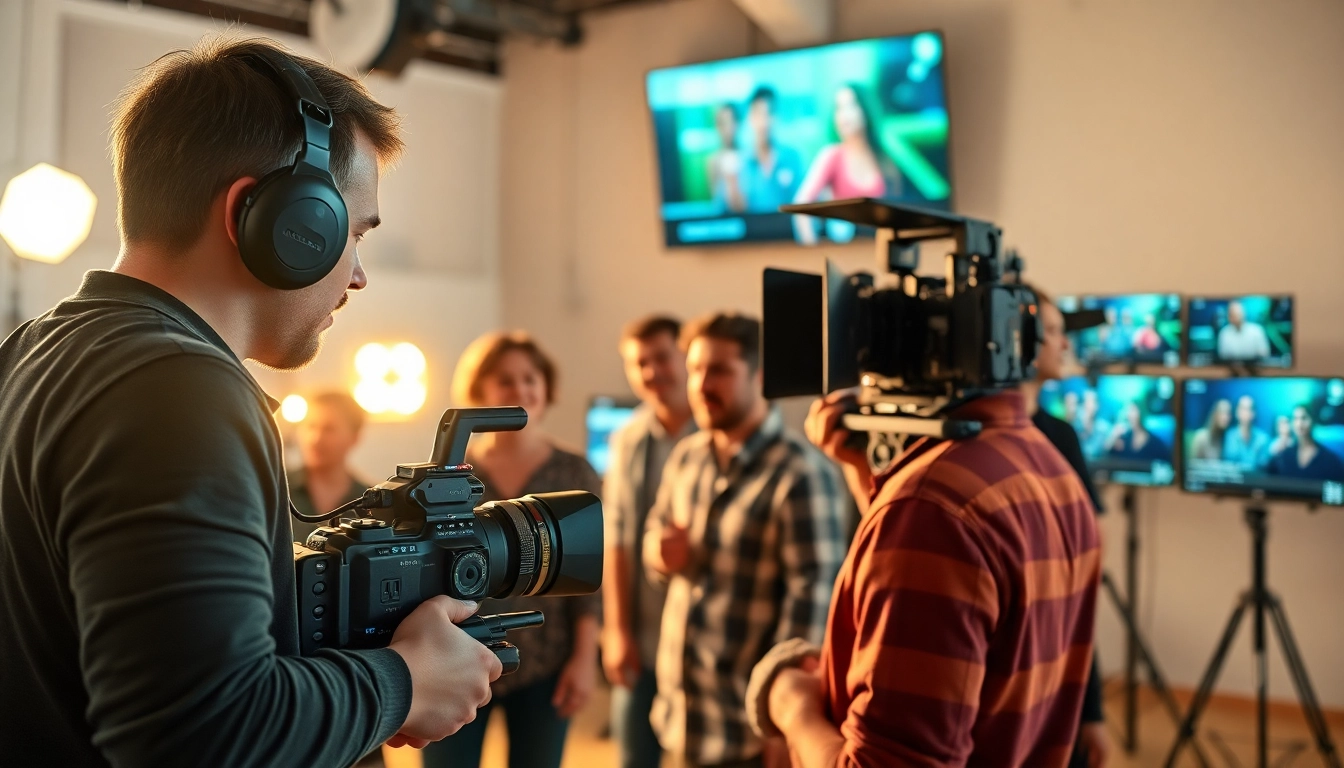 Video production edmonton team collaborating creatively in a well-lit studio setting.