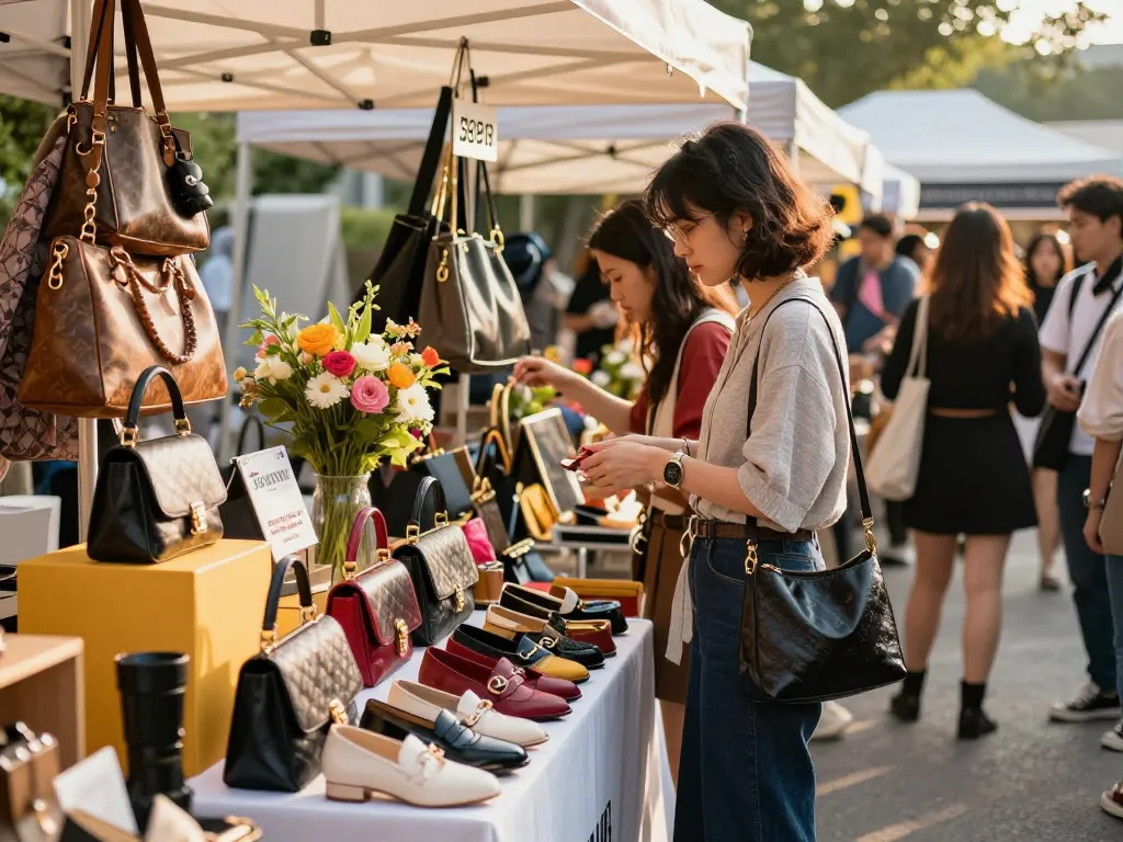Shopping scene showcasing stylish replicas at a 레플리카 쇼핑몰 stall, vibrant and inviting atmosphere.