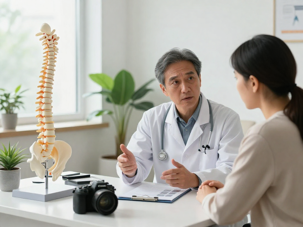Patient discussing boyun fıtığı ameliyatı options with a doctor in modern clinic.
