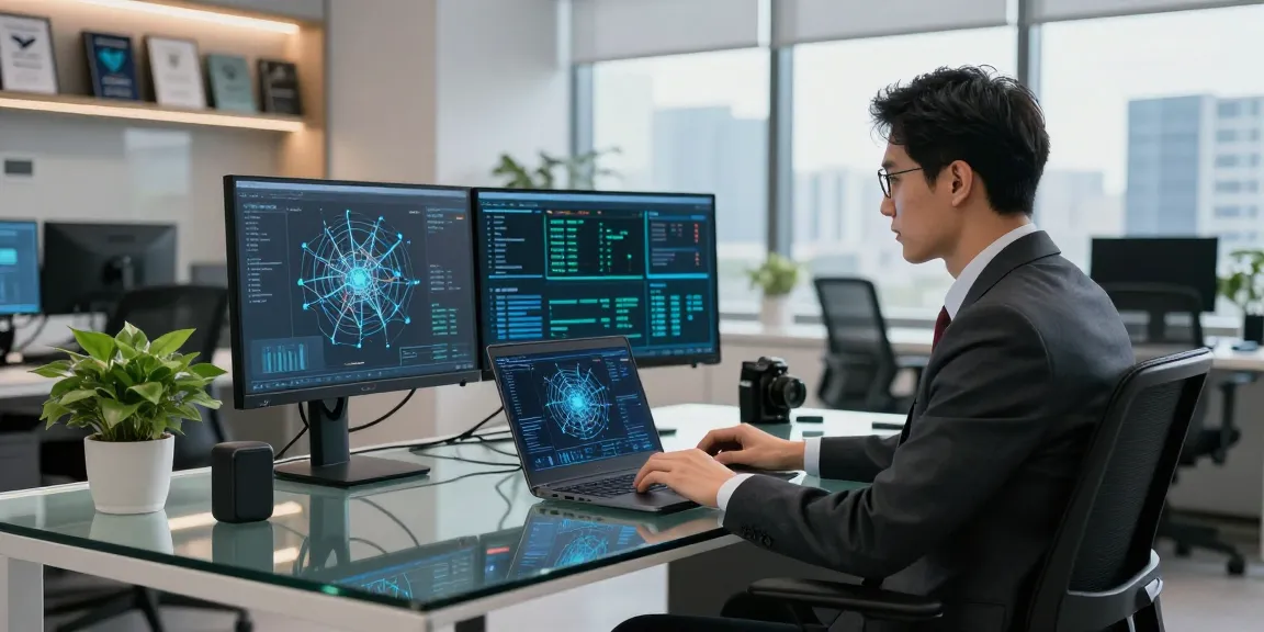 Professional cybersecurity specialist analyzing network threats at https://shs-dome5.com/ in modern tech office.
