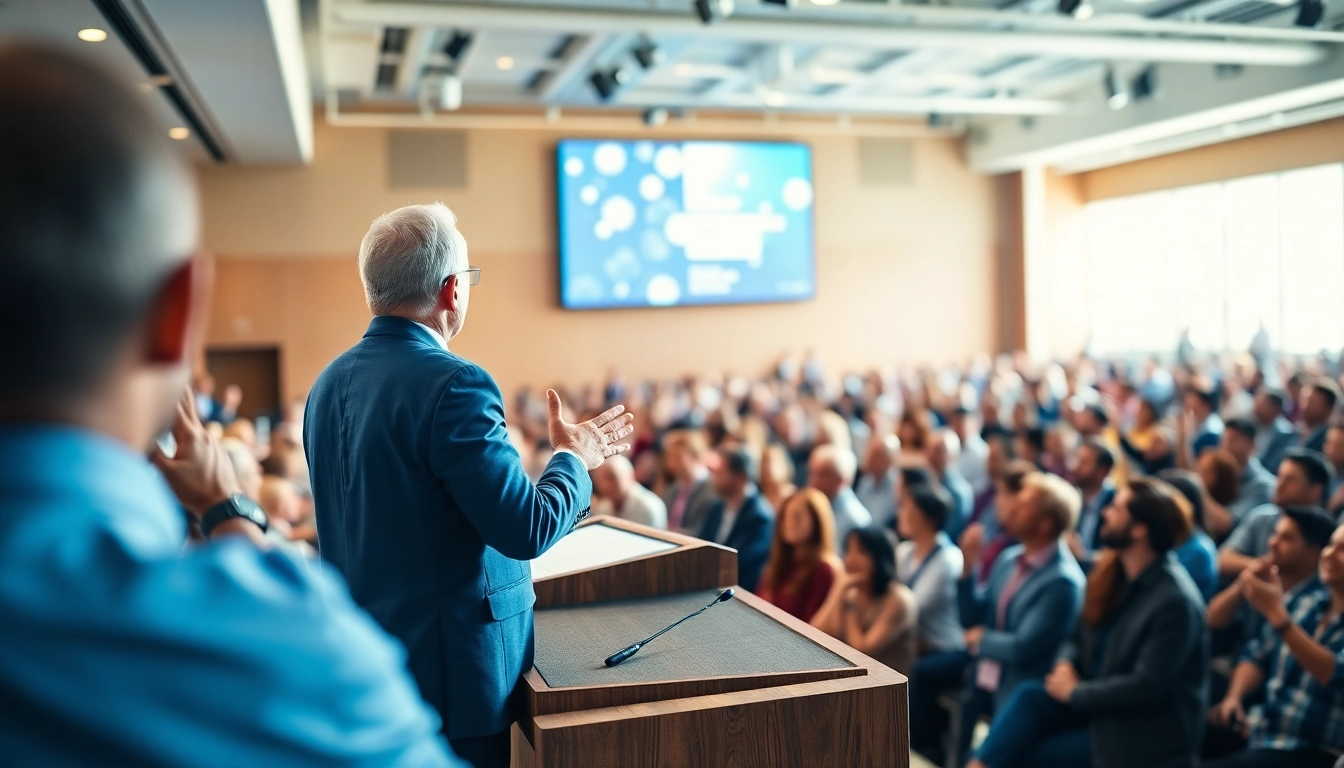 Engaging keynote speaker captivating an audience at a lively conference.