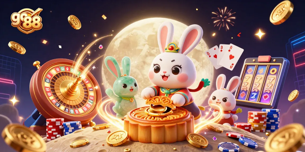Join the celebration at go 88 with luck-themed mooncakes revealing poker chips amidst festive elements.
