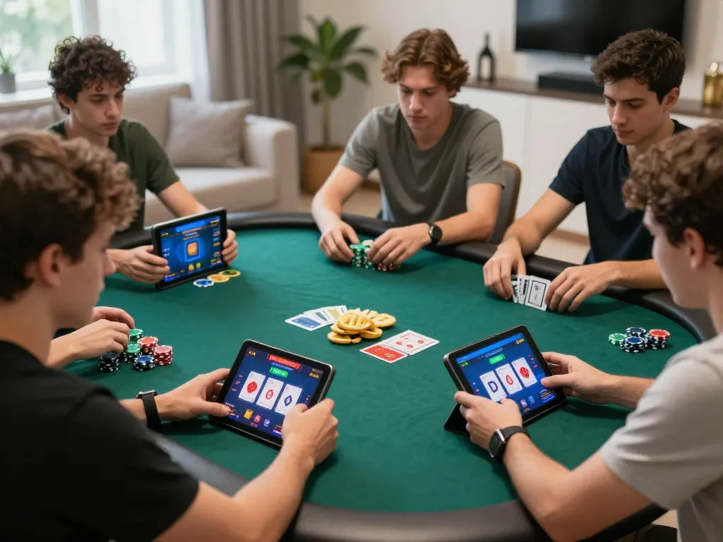 Players engaging in strategic online poker gameplay on g28 com platform with friendly competition and snacks around.