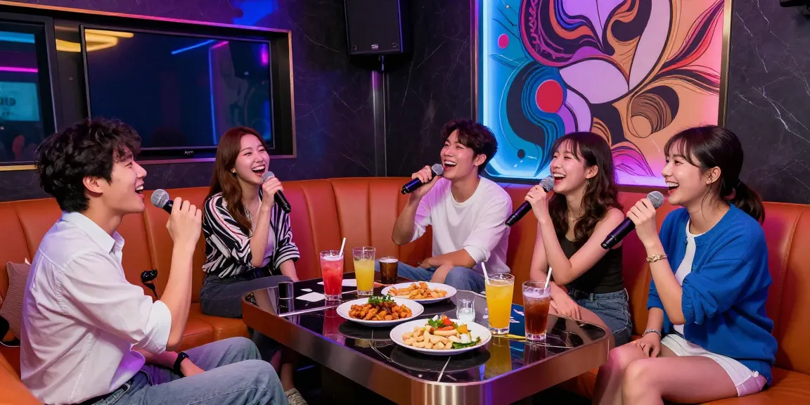 Experience the lively atmosphere of 인천쓰리노 with friends in a luxurious karaoke setting featuring vibrant lights and drinks.