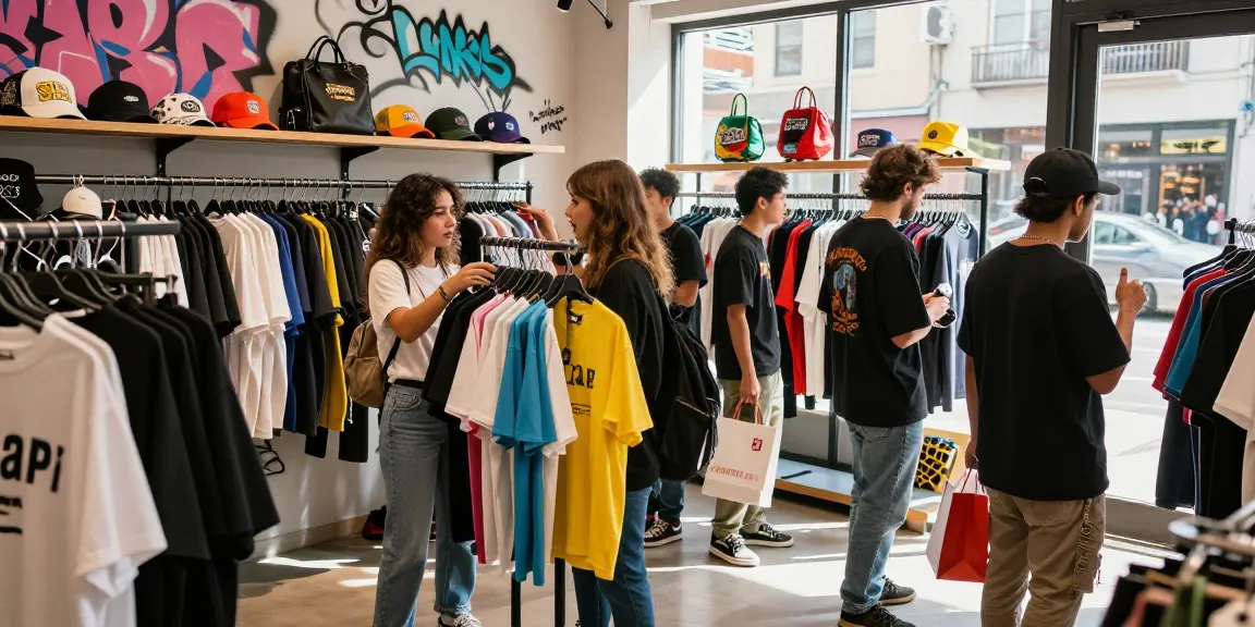 Vibrant e-commerce scene showcasing customers at a 레플리카 사이트, exploring trendy clothing and accessories.
