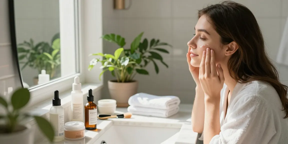 Aplicarea serului de față într-o baie însorită cu produse de îngrijire a pielii și o atmosferă relaxantă.
