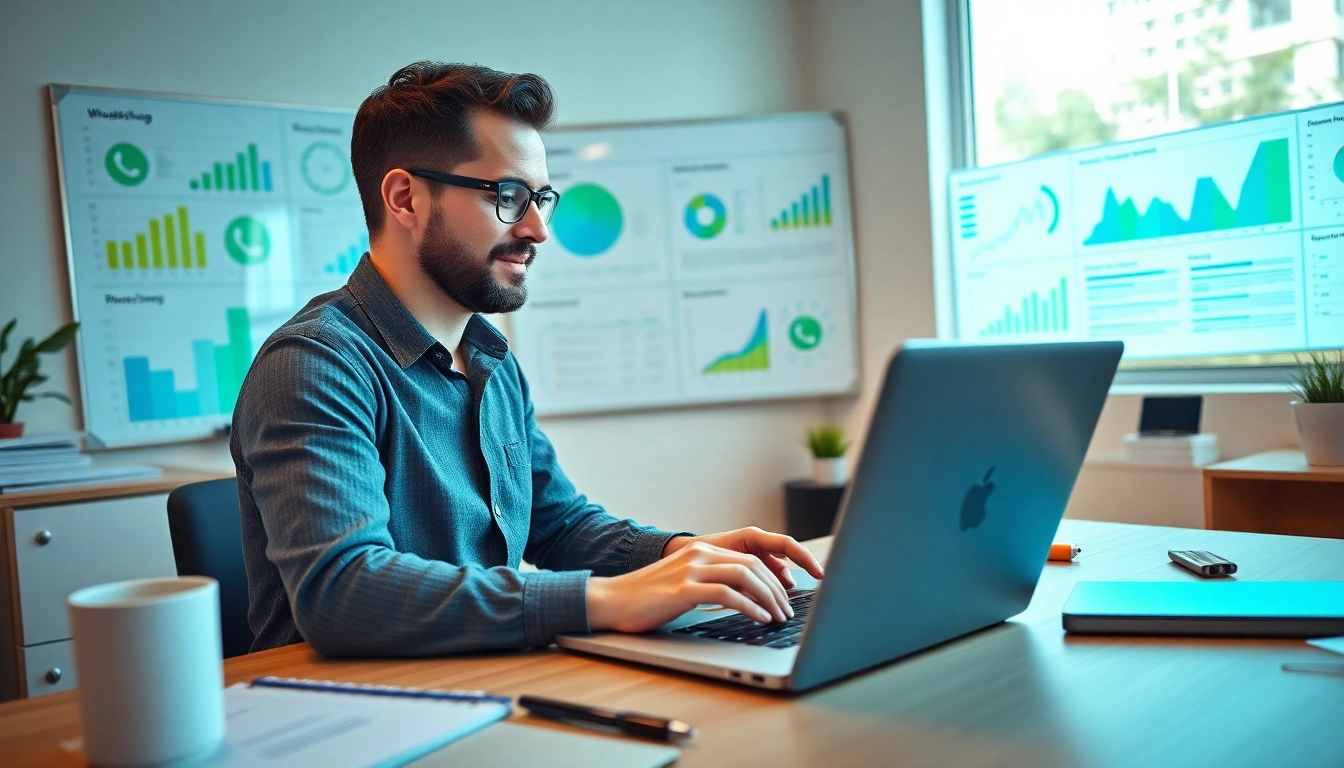 Engaging scene of a workspace showcasing WhatsApp Business CRM in action with vibrant charts.