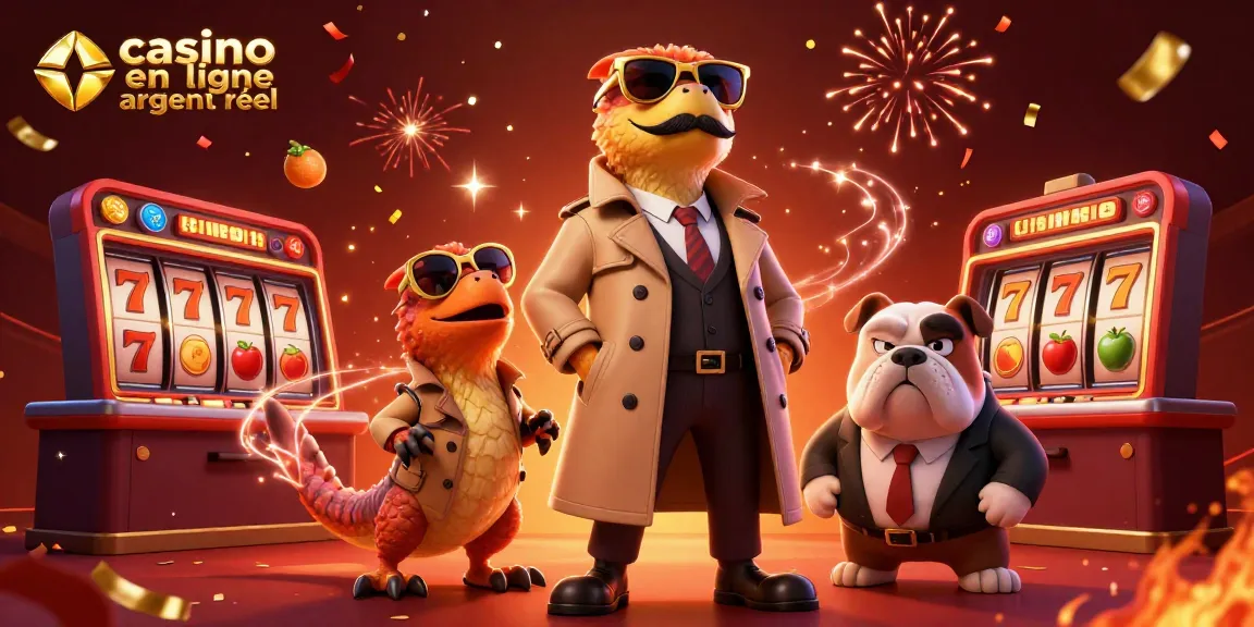 Les raptors en trench coat tentent d'entrer dans un casino en ligne argent réel avec des éléments festifs autour d'eux.