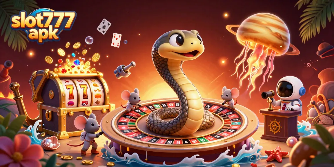 Win big with slot777 apk in a vibrant, dynamic casino illustration filled with action!